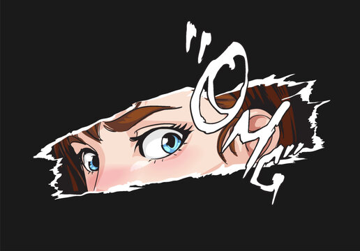 omg slogan with cartoon girl eyes manga stye ripped off vector illustration on black background