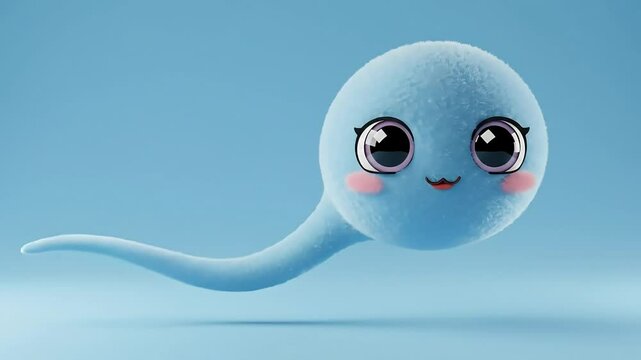 Charming cartoon character blue sperm cell floating on blue gradient background kawaii illustration, Generative AI
