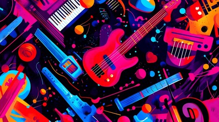Colorful music instruments arrangement. Vivid, artistic design