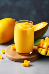 Glass of fresh mango smoothie with ripe mangoes and diced mangoes on wooden board