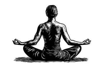 Engraved yogi in lotus pose, side-profile mindfulness illustration