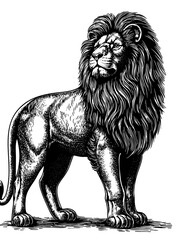 Lion engraving, heritage plate, majestic profile with sky backdrop