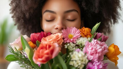 Naklejka premium Woman enjoying a bouquet of flowers