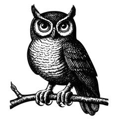 Owl engraving, alert side profile perched over forest clearing