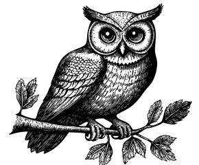 Owl engraving side perch minimal branch detail