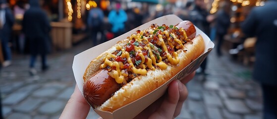 Delicious, fully loaded hotdog held at an outdoor event. Tasty, and convenient