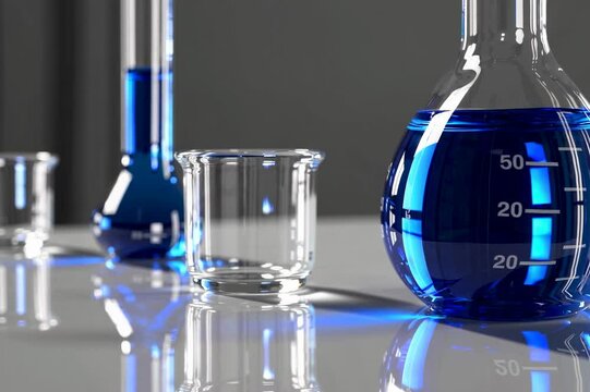 A light background features laboratory glassware containing blue liquid, shown in a looping 4KHD format