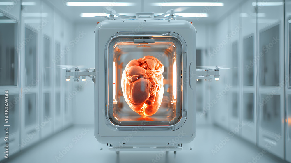 Poster a futuristic image showing a heart inside a transport pod. drones assist in its movement in a clean 