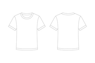 A minimalistic, line art illustration of a Round Neck T shirt template, showing both front and back views. Ideal for fashion design mockups, clothing production, or branding presentations.