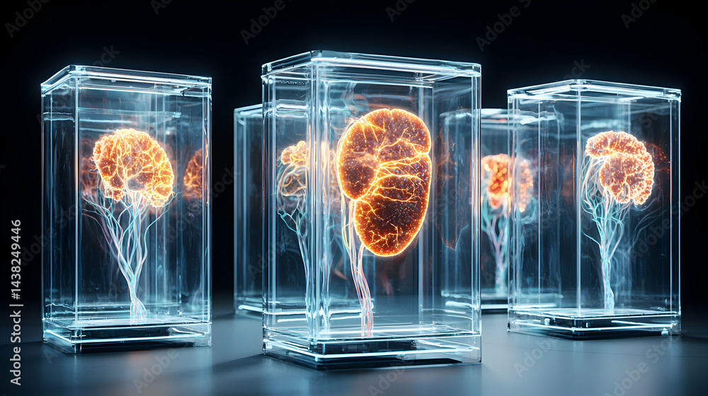 Poster glowing brains and organs encased in glass cubes. suggests advanced science artificial intelligence 