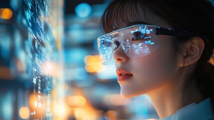 Woman with futuristic glasses examines digital data