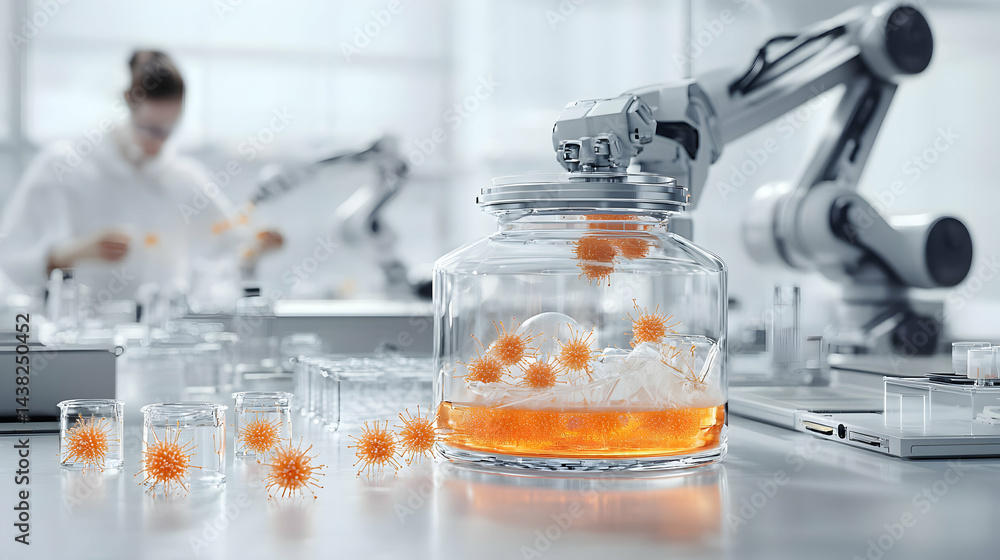 Poster depicts a lab scene with virus models and robotic arms suggesting research or vaccine development. t