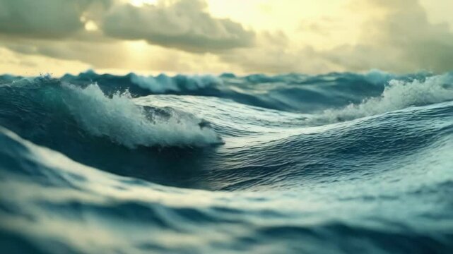 The ocean is rough and choppy, with waves crashing against the shore. The sky is cloudy, and the sun is setting, casting a warm glow over the water. Scene is one of power and unpredictability