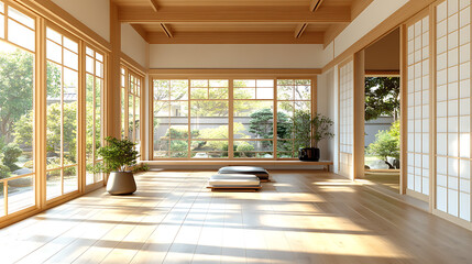 Fototapeta premium Sunlit Conservatory: A tranquil and spacious conservatory filled with natural light, featuring large windows showcasing lush greenery and a polished concrete floor.