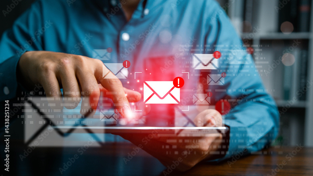 Poster email inbox alert and spam virus with warning, email security protection alert. spam email alert dan