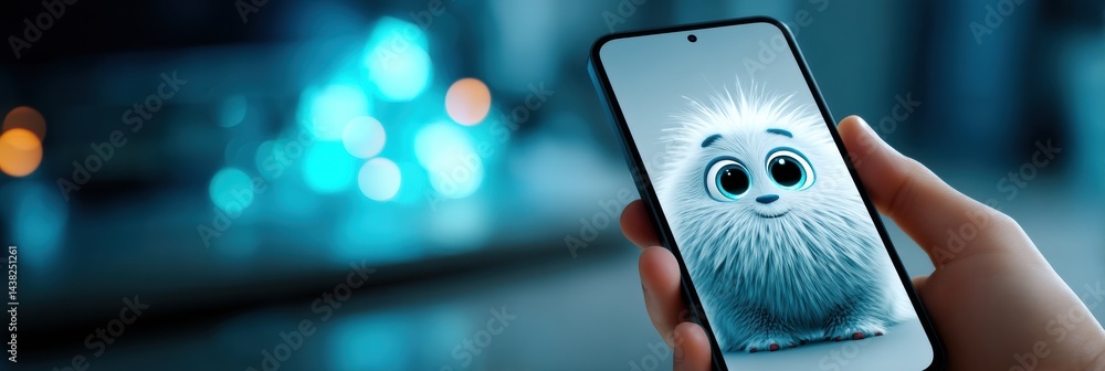 Poster Interactive Virtual Pet App Displays an Animated Creature on a Smartphone in a Cozy Indoor Setting During Evening Hours