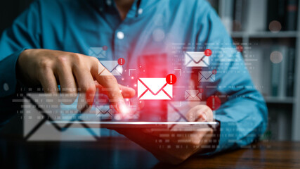 Email inbox alert and spam virus with warning, email security protection alert. Spam email alert...