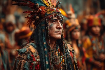 Fototapeta premium Tribal ceremonial leader in vibrant attire with feathered headdress and beadwork