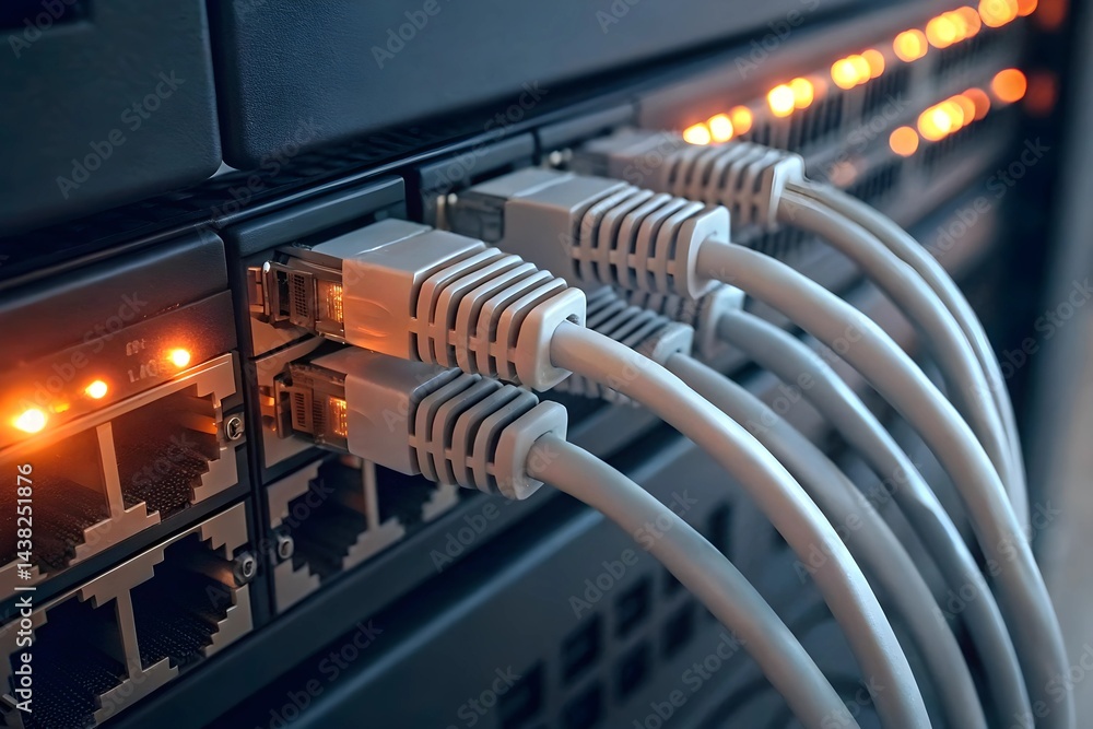 Poster close up of network cables plugged into a server showing data transfer and server room lights