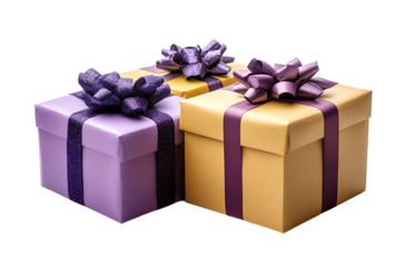  Festive and Entrepreneur Day gift boxes in purple and yellow colors, with a transparent background