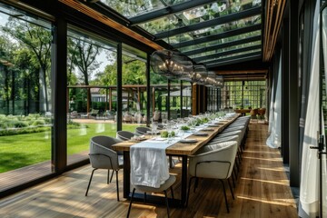 Modern Dining Terrace with Glass Ceiling, Greenery, and Beige Table Setting