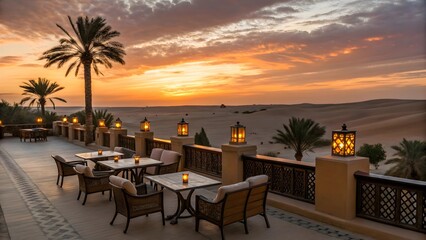 Desert resort terrace at sunset with palm trees and lanterns offering a tranquil and luxurious view