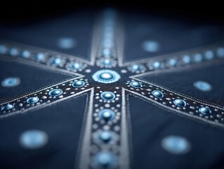 Blue tinted sci fi interface with radial symmetry made of digital nodes and cyber circuits over black background showing connectivity digital system and futuristic AI data web