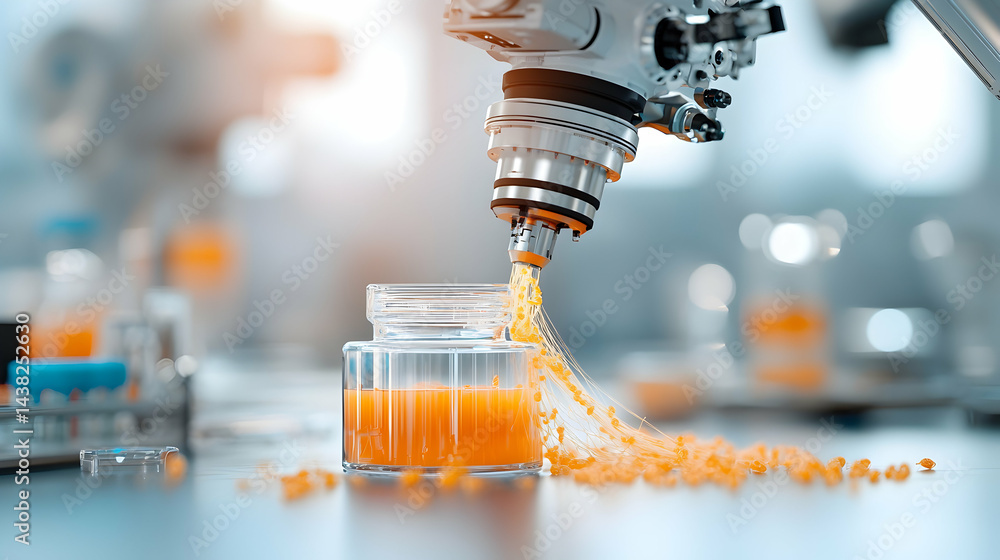Poster robotic arm dispensing liquid into a jar. modern lab work with automated processes. perfect for phar