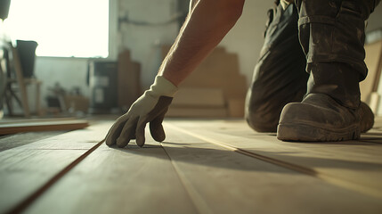 Fototapeta premium Worker Installing Wooden Flooring