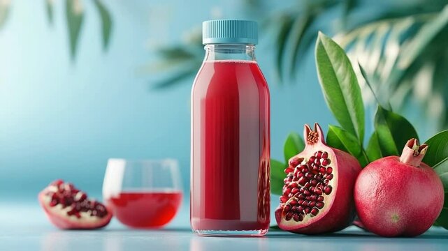 A bottle of garnet on a light blue background. The bottle has a clean label and a place for an inscription, next to it is a glass with juice and a pomegranate.