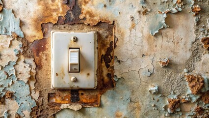 A vintage light switch mounted on a weathered wall, revealing layers of peeling paint and rust