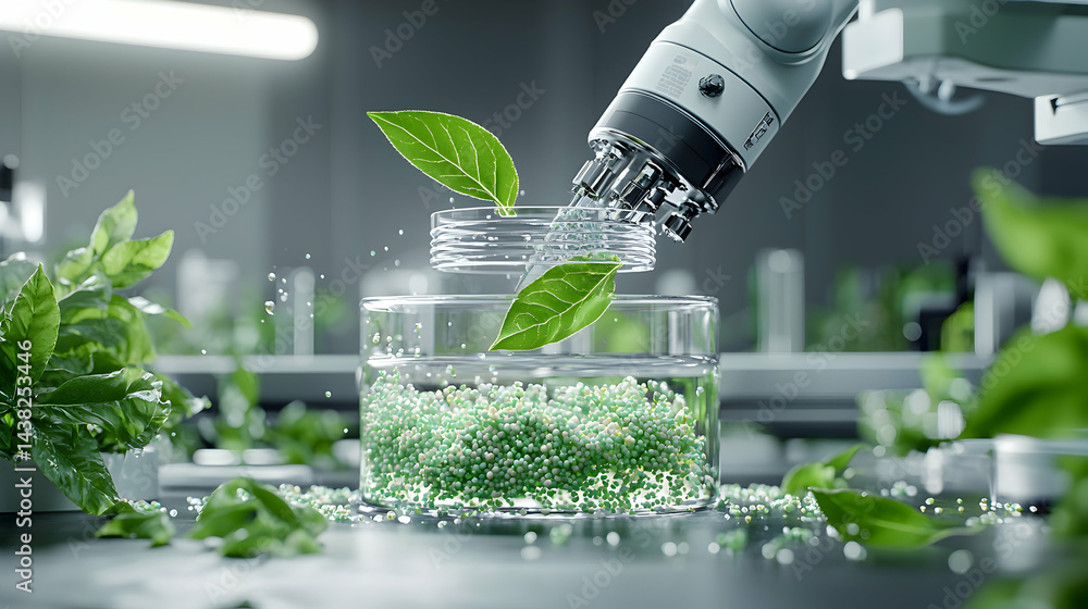 Poster robotic arm interacting with plant material in a lab setting. suggests applications in biotechnology