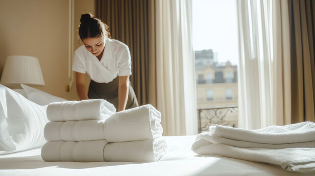 Hotel Housekeeping Staff Making Bed with Fresh White Towels
