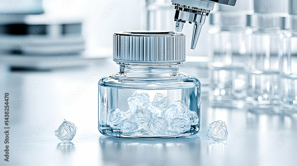 Poster a scientific image shows a vial being filled with liquid and intricate structures inside. this could