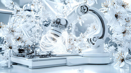 Futuristic robotic arm surrounded by white flowers. Ideal for tech-focused art installations or representing automated processes. The visual blend of technology and nature is appealing.