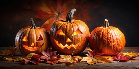 Fototapeta premium Carved pumpkins with glowing faces, surrounded by autumn leaves, sit on a wooden table, creating a spooky and festive ambiance.