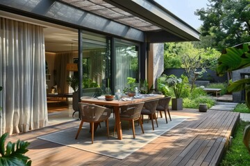 Modern Dining Area on Wooden Terrace with Sliding Doors and Glass Roof, Surrounded by Greenery