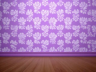 Repeating white vintage floral shapes over soft purple wall texture in elegant romantic visual setting as decorative wallpaper or vintage inspired seamless background