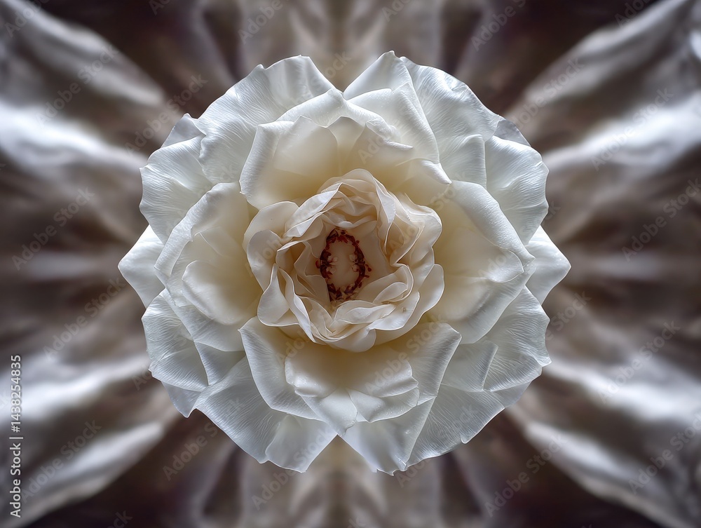 Poster silky white flower bloom in concentric macro abstract with radiant folds and petal symmetry forming 