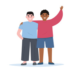 Obraz premium Couple of friends boys standing together, hugging each other. Children smiling, happy. Vector flat graphics.