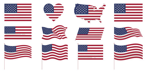 United states flag set with various styles and shapes on white background