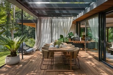 Modern Dining Area on Wooden Terrace with Sliding Doors and Glass Roof, Surrounded by Greenery