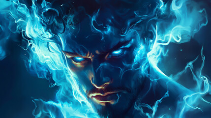 Obraz premium Mighty Warrior Shrouded in Vibrant Blue Electric Energy Surrounding His Intense Face