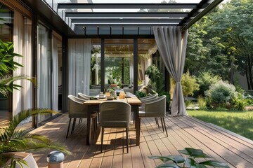 Modern Dining Area on Wooden Terrace with Sliding Doors and Glass Roof, Surrounded by Greenery