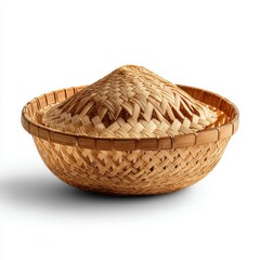 A woven bamboo basket with a matching dome-shaped lid, displayed on a plain white background.