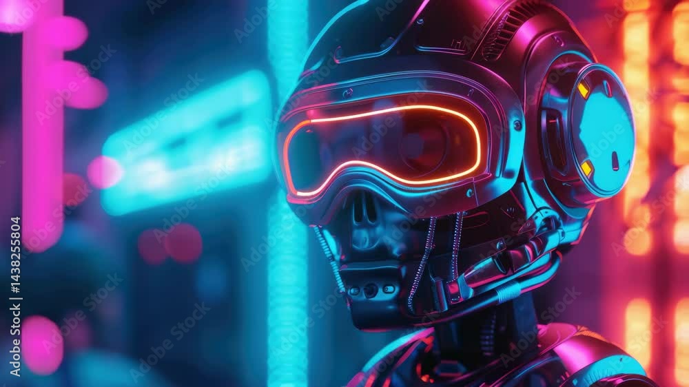 Poster a robot with a skull on its face is standing in front of neon lights. the robot is wearing a helmet 