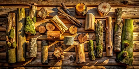 A collection of weathered and moss-covered wooden logs, branches, and stumps arranged in a pattern, bathed in warm sunlight on a natural wooden backdrop.