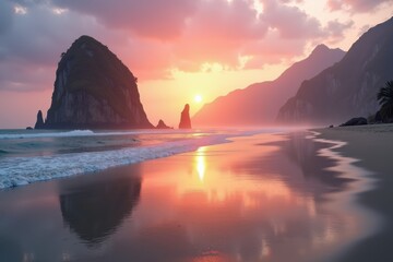 A beautiful sunset over a serene beach with dramatic rock formations and gentle waves reflecting vibrant colors.