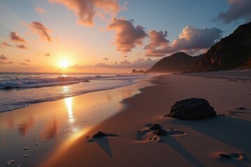 A golden sunset over a tranquil beach with gentle waves, soft sand, and distant mountains under a partly cloudy sky.