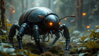 Robotic beetle in forest environment digital art ai generated image for technology enthusiasts and nature lovers